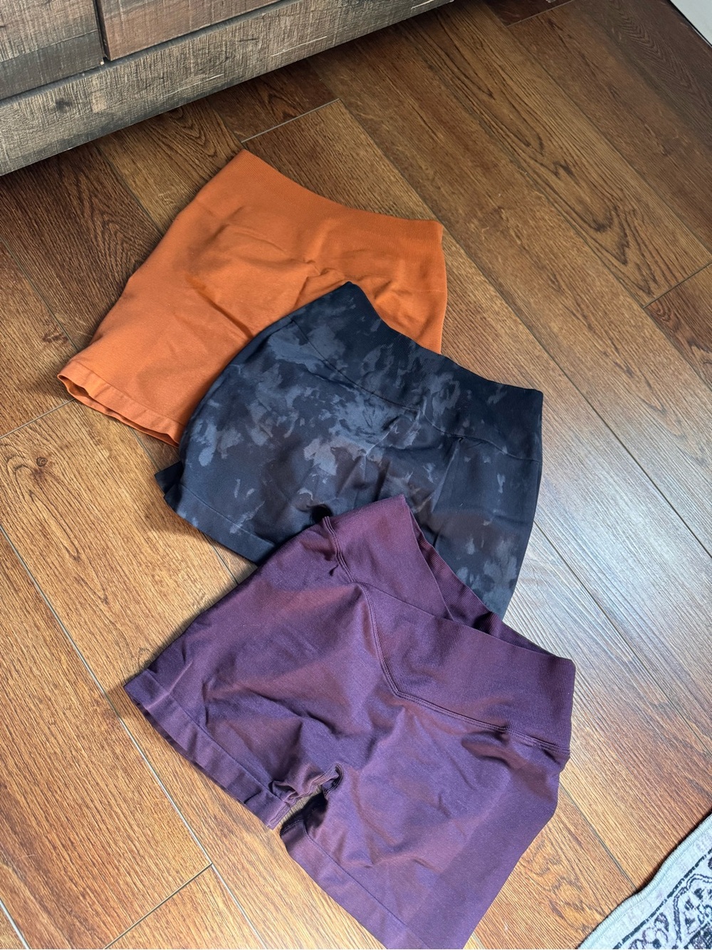 Women’s Athletic High-Waist Shorts — Orange, Black Tie-Dye & Plum